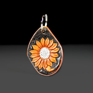 Sunflower Leather Keychain, Hand Tooled Leather, Purse Accessory, Zipper Pull, Adornment, Decoration
