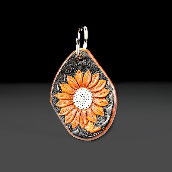 Sunflower Leather Keychain, Hand Tooled Leather, Purse Accessory, Zipper Pull, Adornment, Decoration