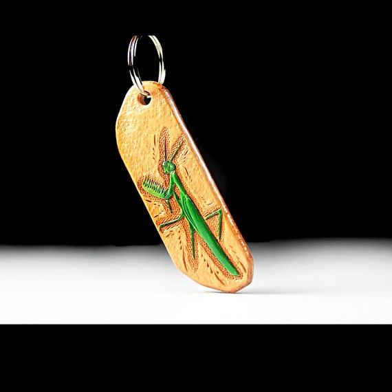 Leather Keychain, Hand Tooled Leather, Grasshopper, Purse Accessory, Zipper Pull, Adornment, Decoration