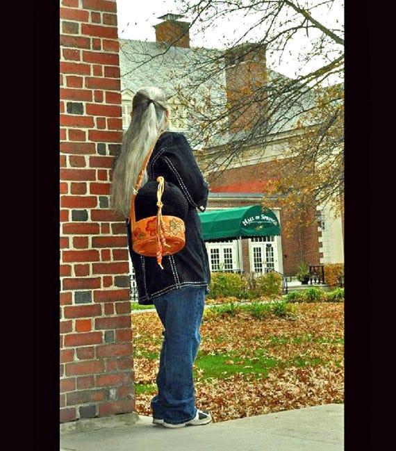 Hand Tooled Leather Crochet Bucket Purse, OOAK Drawstring Shoulder Handbag, Western Boho Floral Design