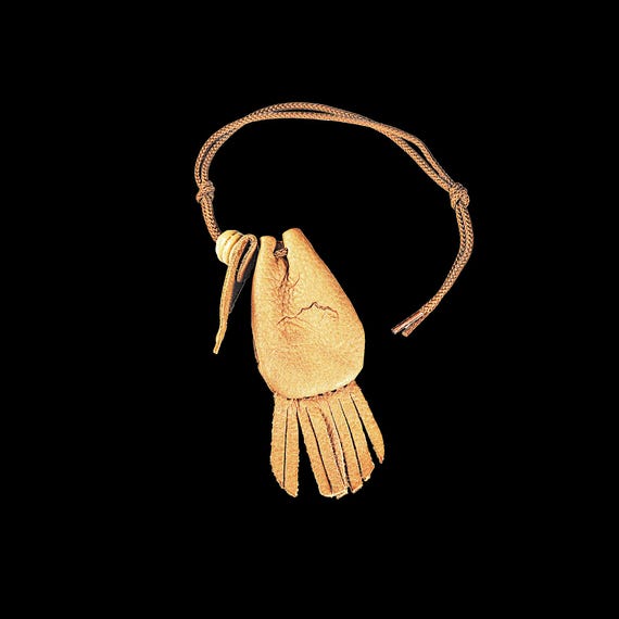 Handmade Leather Indian Medicine Bag with Fringe, Mountain Scene Stamping, and Wooden Bead