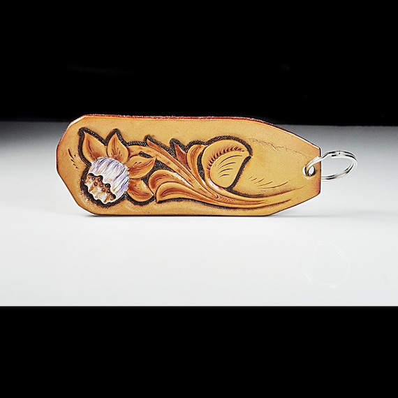 Hand-Tooled Leather Keychain with Floral Design - Unique Artisan Artwork - 5 Inch