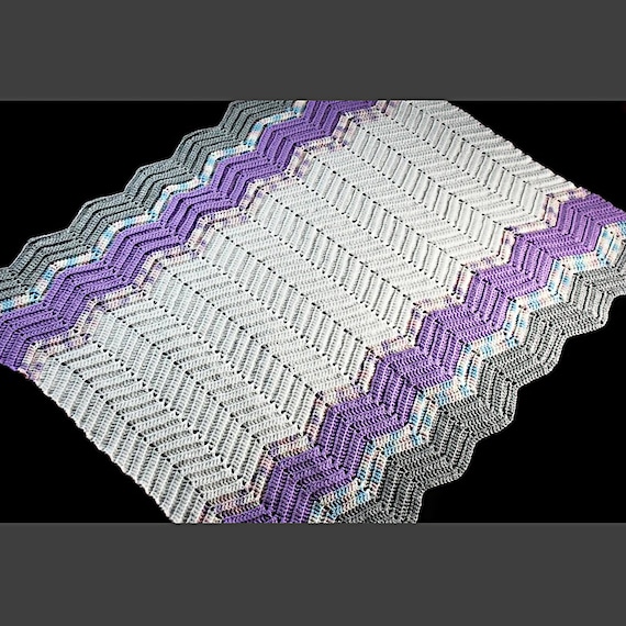 Crochet Ripple Blanket, Purple and White, Throw, Small, Handmade