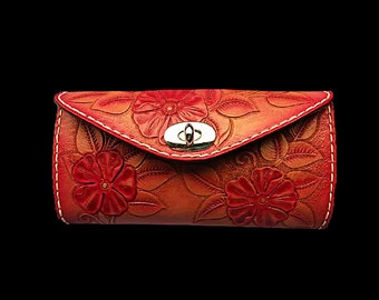 Handmade Leather Clutch Wallet, Tri-Fold Purse, Hand Tooled Leather, Floral Pattern