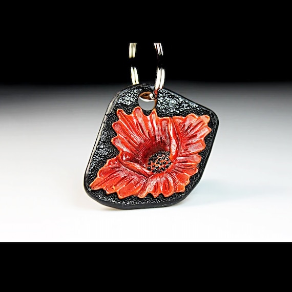 Leather Floral Keychain, Hand Tooled Leather, Purse Accessory, Zipper Pull, Adornment, Decoration