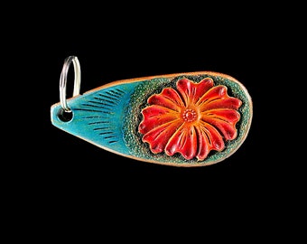 Leather Keychain, Hand Tooled Leather, Flower Keychain, Purse Accessory, Zipper Pull, Adornment, Decoration