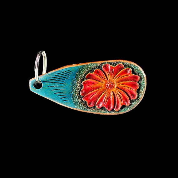 Leather Keychain, Hand Tooled Leather, Flower Keychain, Purse Accessory, Zipper Pull, Adornment, Decoration