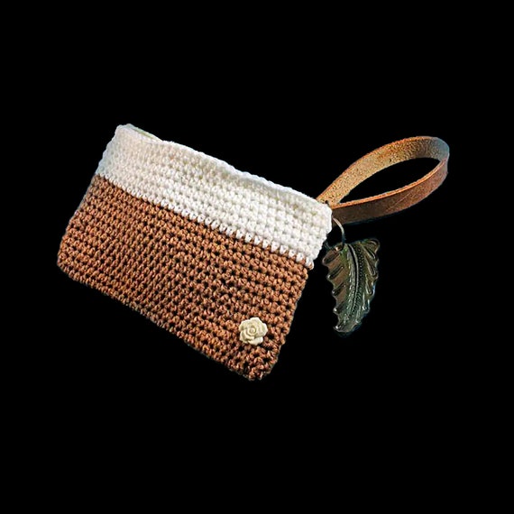 Handmade Crochet Wristlet Zippered Bag, Hand Tooled, Leather Key Ring, Leather Handle, Brown and White, White Rose Embellishment