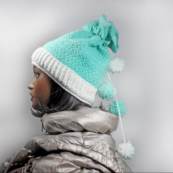 Crochet Winter Hat with Pom Poms, Handmade, Aqua and White, Womens Hat, Womens Gift