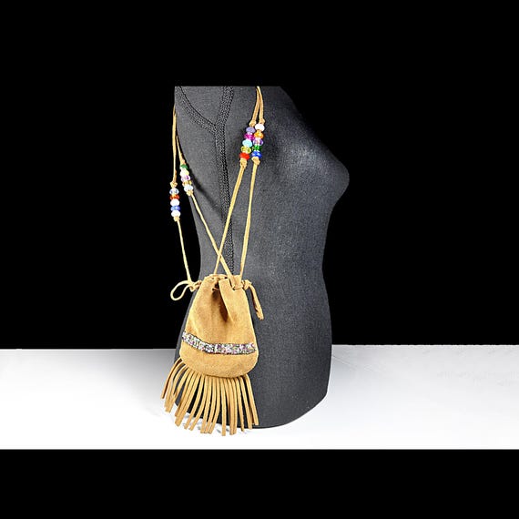Handmade Leather Fringe Pouch with Seed Bead Accent and Beaded Straps – Boho Leather Drawstring Bag