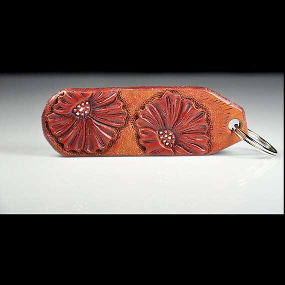Hand Tooled Leather Keychain - Double Floral Design, Artisan Leather Art, Perfect Gift for Leather Lovers, 4 Inch Length