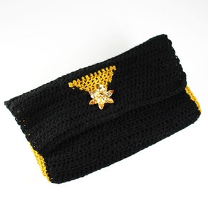 Crochet Clutch Purse, Leather Lined, Black and Gold, Rhinestone Button Adornment, Magnetic Closure, Women's Gift image 8