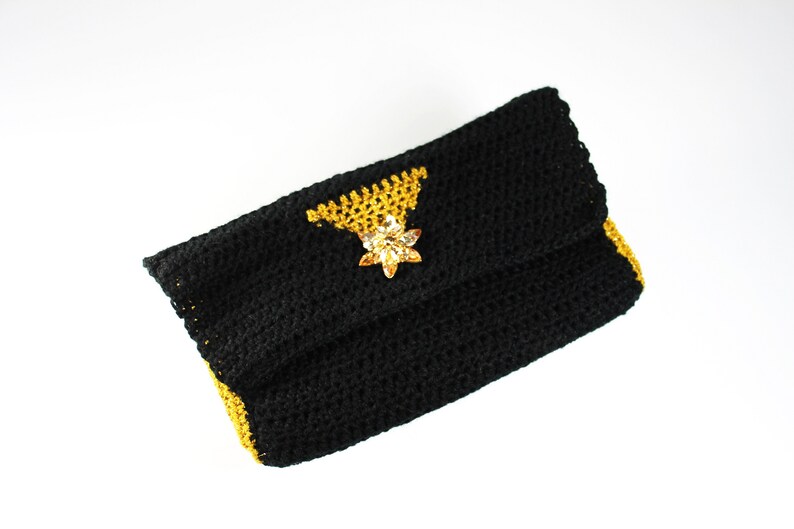 Crochet Clutch Purse, Leather Lined, Black and Gold, Rhinestone Button Adornment, Magnetic Closure, Women's Gift image 8