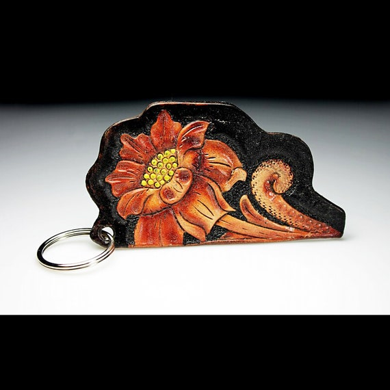 Leather Keychain, Hand Tooled Leather, Flower Keychain, Purse Accessory, Zipper Pull, Adornment, Decoration