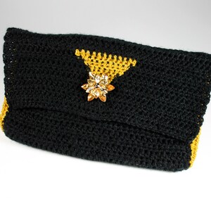 Crochet Clutch Purse, Leather Lined, Black and Gold, Rhinestone Button Adornment, Magnetic Closure, Women's Gift image 2