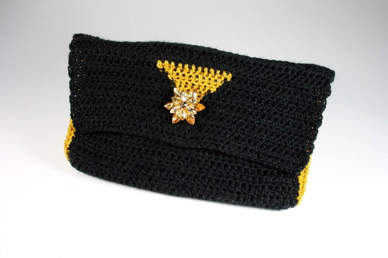 Crochet Clutch Purse, Leather Lined, Black and Gold, Rhinestone Button Adornment, Magnetic Closure, Women's Gift image 2