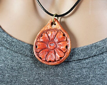 Leather Necklace, Hand Tooled Leather Pendant, Floral, Handmade