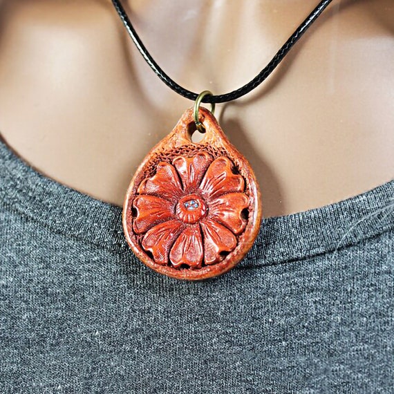 Leather Necklace, Hand Tooled Leather Pendant, Floral, Handmade