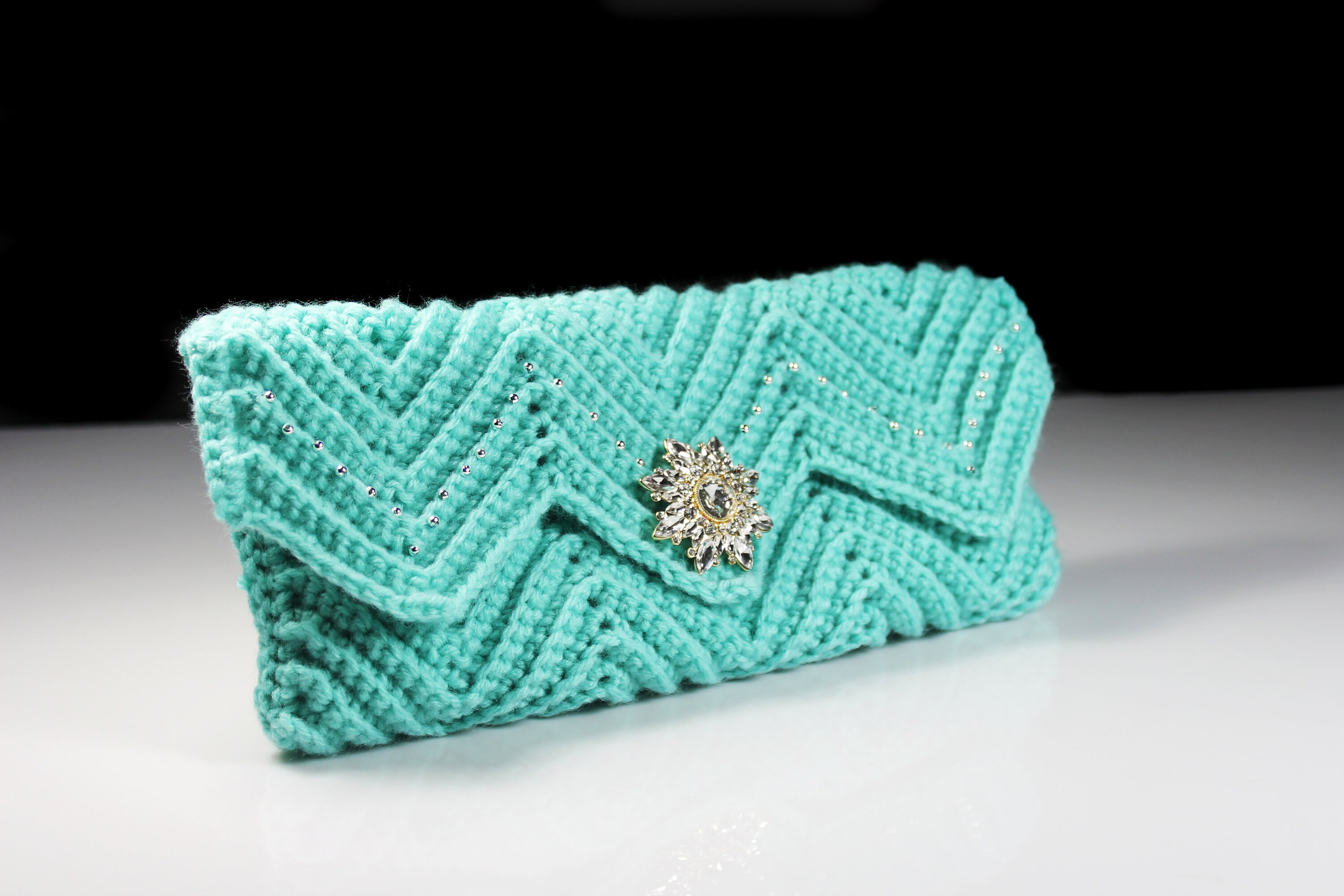 Crochet Clutch Purse, Ivory Velvet Lined, Aqua, Rhinestone Button ...