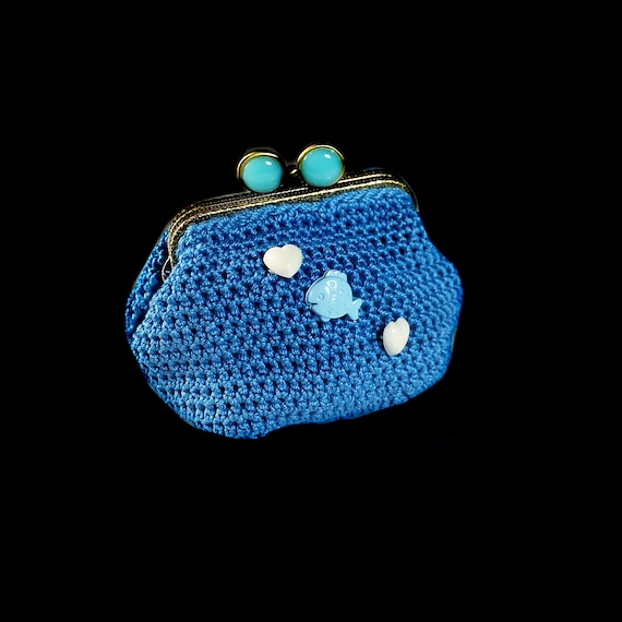 Crochet Coin Purse, Fish and Hearts, Blue, Kiss Closure, Metal Goldtone Frame, Coin Pouch, Handmade