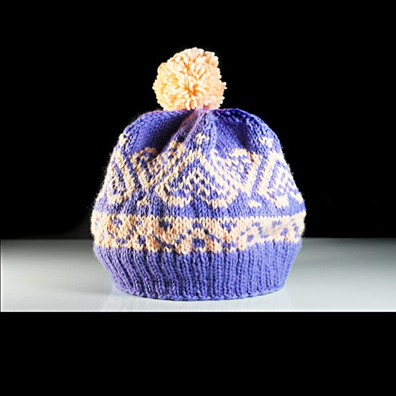 Winter Hat, Hand Knit, Fair Isle, Hearts, Purple and Peach, Pom Pom, Pull-On, Ski Hat