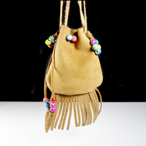 Handmade Suede Leather Pouch with Fringe and Colorful Beads – Drawstring Bag with Double Handles