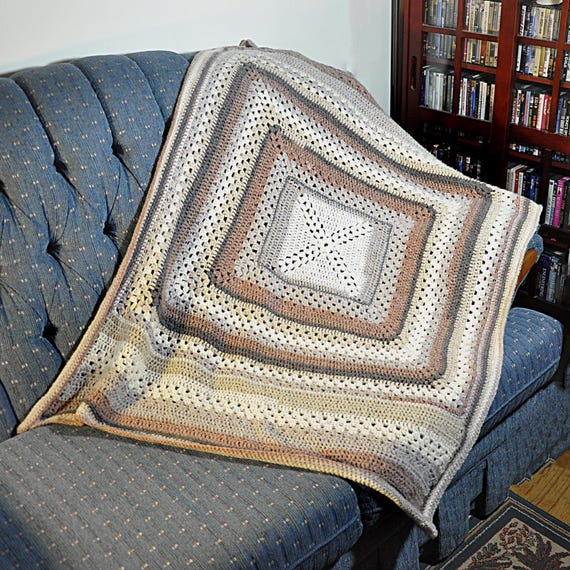 Hand Crocheted Lap Blanket – Soft Neutral Throw – 52 x 38 Cozy Granny Square Afghan