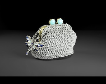 Gray Crochet Coin Purse with Dragonfly – Kiss Lock Frame