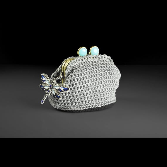 Crochet Coin Purse with Dragonfly Charm – Handmade with Gray Cotton Thread, 3.5 inches by 4 inches, Frame Purse with Blue Resin Beads