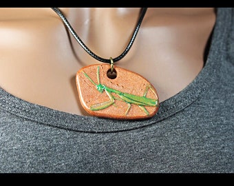 Leather Necklace, Hand Tooled Leather Pendant, Green Grasshopper, Handmade