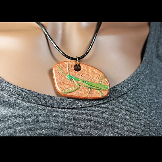 Leather Necklace, Hand Tooled Leather Pendant, Green Grasshopper, Handmade