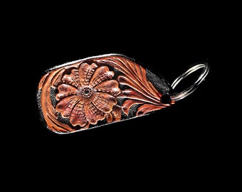 Leather Keychain, Hand Tooled Leather, Flower Keychain, Purse Accessory,  Zipper Pull, Adornment, Decoration