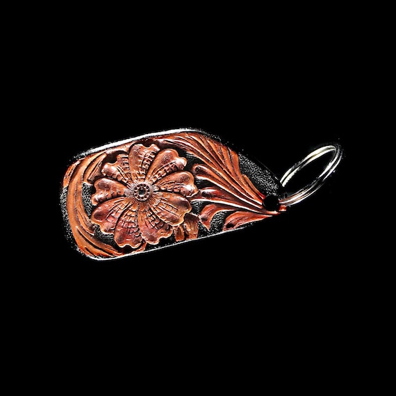 Leather Keychain, Hand Tooled Leather, Flower Keychain, Purse Accessory,  Zipper Pull, Adornment, Decoration