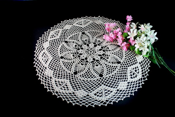 Crochet Doily, Round, 18-inch, Ecru (Natural), Round, Crochet Mat, Crochet Lace, Fine Art Crochet