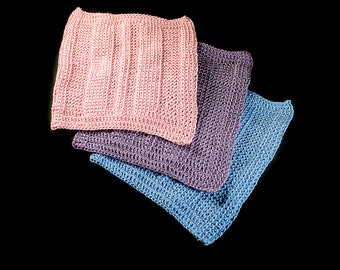 Crochet Dishcloths, Square Cloths, Handmade, 100% Cotton Thread, Blue Purple Pink, Set of 3