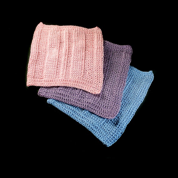 Crochet Dishcloths, Square Cloths, Handmade, 100% Cotton Thread, Blue Purple Pink, Set of 3