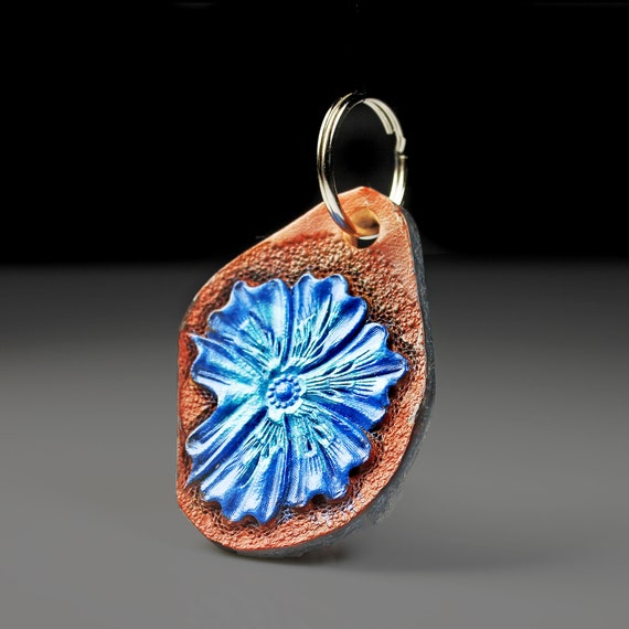 Hand Tooled Blue Flower Leather Keychain - Purse Accessory, Zipper Pull, Adornment, Decoration