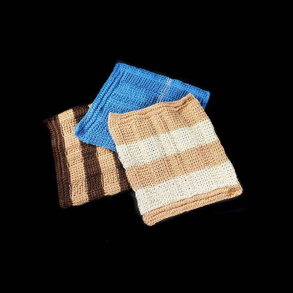 Striped Crochet Dishcloths, Square Cloths, Handmade, 100% Cotton Thread, Set of 3