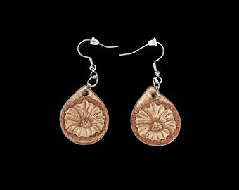 Leather Flower Earrings, Hand Tooled Leather, Silver Tone French Hook Ear Wires, Jewelry