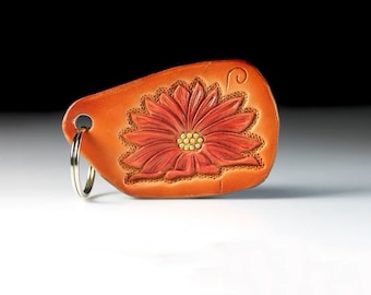 Leather Keychain, Hand Tooled Leather, Flower Keychain, Purse Accessory, Zipper Pull, Adornment, Decoration