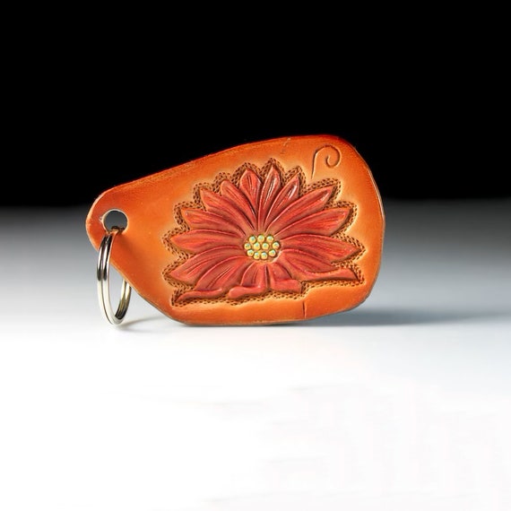 Leather Keychain, Hand Tooled Leather, Flower Keychain, Purse Accessory, Zipper Pull, Adornment, Decoration