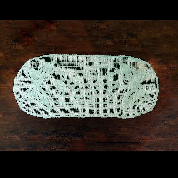 Table Runner, Light Green, 32 inches, Butterfly Pattern, Crochet Mat, Crochet Lace, Fine Art Crochet