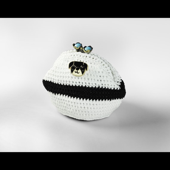 Crochet Coin Purse with Dog Button - White & Black with Blue Beaded Kiss Clasp, Handmade, Cute Animal Themed Accessory