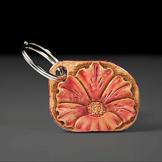 Hand-Tooled Leather Flower Keychain - Pink Floral Key Fob - Handmade Accessory