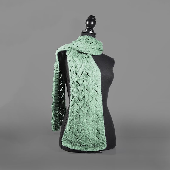 Handmade Lace Knit Scarf in Pine Green - Soft and Elegant - 66 Inches by 7 Inches