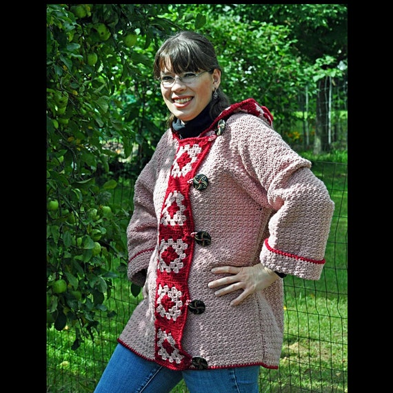 Women's Crochet Hooded Jacket, Cardigan, Front Button Sweater, Granny Square, Women's Outerwear, Size Large