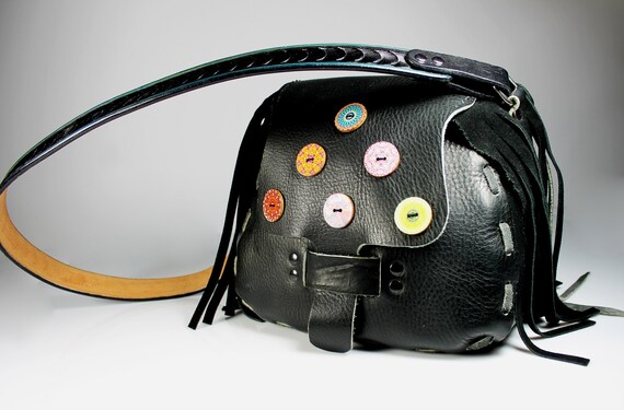 Fringed Black Leather Handbag, Shoulder Bag, Button Adornment, One of A Kind, Hand Tooled Leather Strap