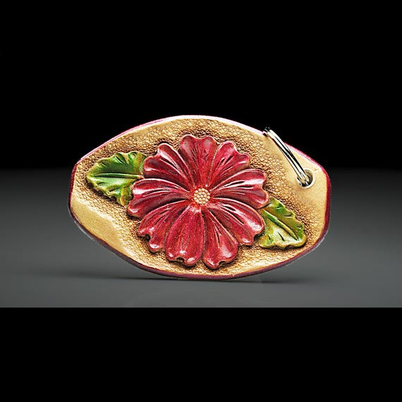 Hand Tooled Leather Keychain with Red Flower – Handmade Artisan Key Ring