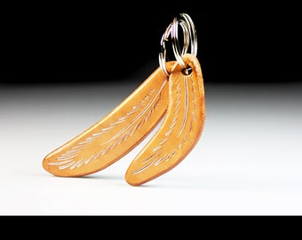 Hand Tooled Leather Feather Keychains Set, Rustic Minimalist, Set of 2