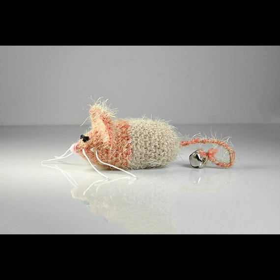 Handmade Crochet Catnip Mouse Toy with Bell – Orange & Tan Fuzzy Yarn